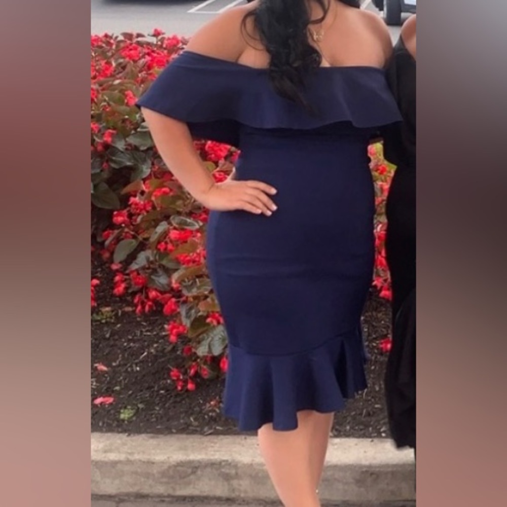 Beautiful blue off the shoulder dress wedding guest